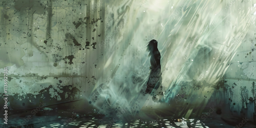 Fototapeta premium Silhouetted Figure in a Decaying Room