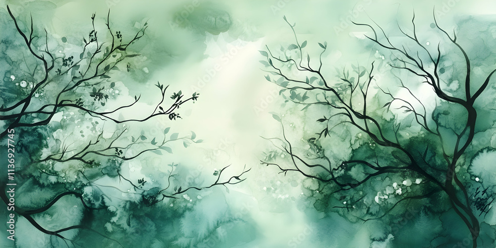 Abstract green watercolor with hand-drawn branches and leaves Abstract green watercolor with hand-drawn branches and leaves