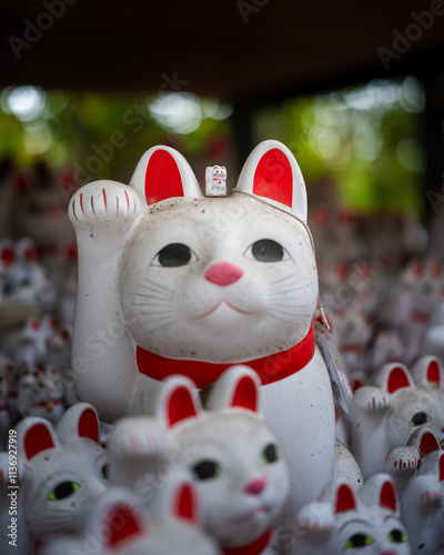 Gotokuji Temple: Tokyo's Birthplace of Maneki Neko 'Lucky Cat' Shinto Shrine for good fortune and Cat Lovers. Porcelain figure and temple details