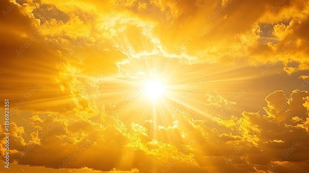 Sunset sky with golden clouds and the sun shining through the clouds. Sunset sky with golden clouds and the sun shining through the clouds.