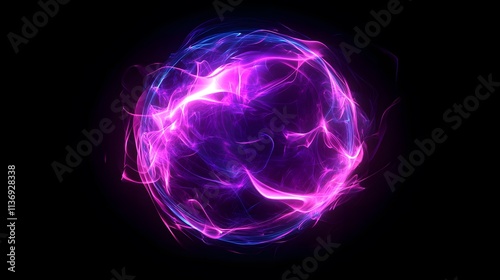 Abstract neon energy sphere of particles and waves with magical glowing effects, featuring purple and pink flames and sparks