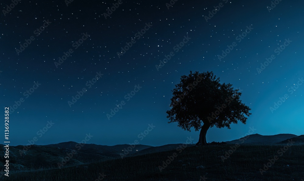 Beneath a starry sky, a solitary tree stands on a quiet hill, inviting dreams and reflections in the stillness of night Beneath a starry sky, a solitary tree stands on a quiet hill, inviting dreams and reflections in the stillness of night