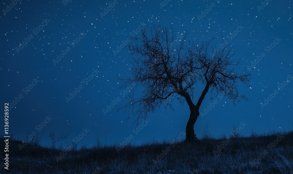 Starry night sky over silhouette of a lonely tree in a tranquil landscape at the edge of dusk Starry night sky over silhouette of a lonely tree in a tranquil landscape at the edge of dusk