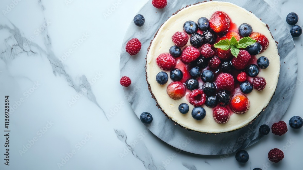 A rich Basque cheesecake on marble with fresh berries for a delicious presentation.
A rich Basque cheesecake on marble with fresh berries for a delicious presentation.