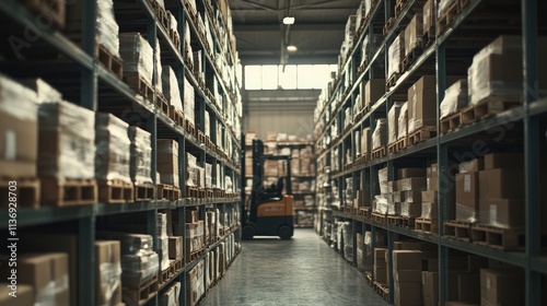 Large warehouse with stacked shelves and goods organized on manual pallets.