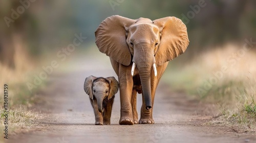Adorable baby elephant walking with mother on a dirt path in nature