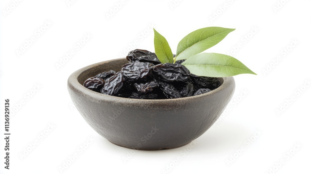 A bowl of dried prunes with fresh green leaves placed on a clean white background.
A bowl of dried prunes with fresh green leaves placed on a clean white background.