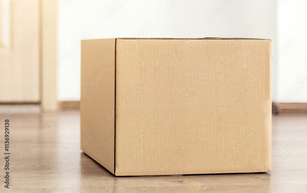 Parcel Delivery. Cardboard Box Lying On Floor Near Door Of Customer's House. Modern Shopping And Courier Delivering Service Conceptual Advertisement Banner. No People, Panorama With Copy Space Parcel Delivery. Cardboard Box Lying On Floor Near Door Of Customer's House. Modern Shopping And Courier Delivering Service Conceptual Advertisement Banner. No People, Panorama With Copy Space