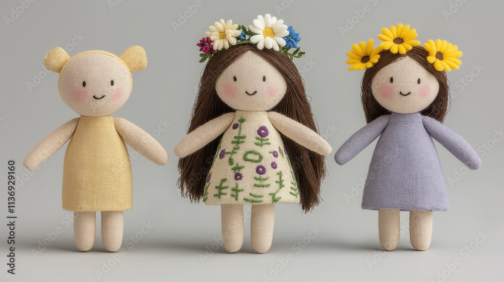 Adorable handmade dolls with floral crowns showcasing whimsical craftsmanship Adorable handmade dolls with floral crowns showcasing whimsical craftsmanship