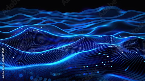 Abstract digital waves with glowing blue lines and dots, representing data flow and technology.