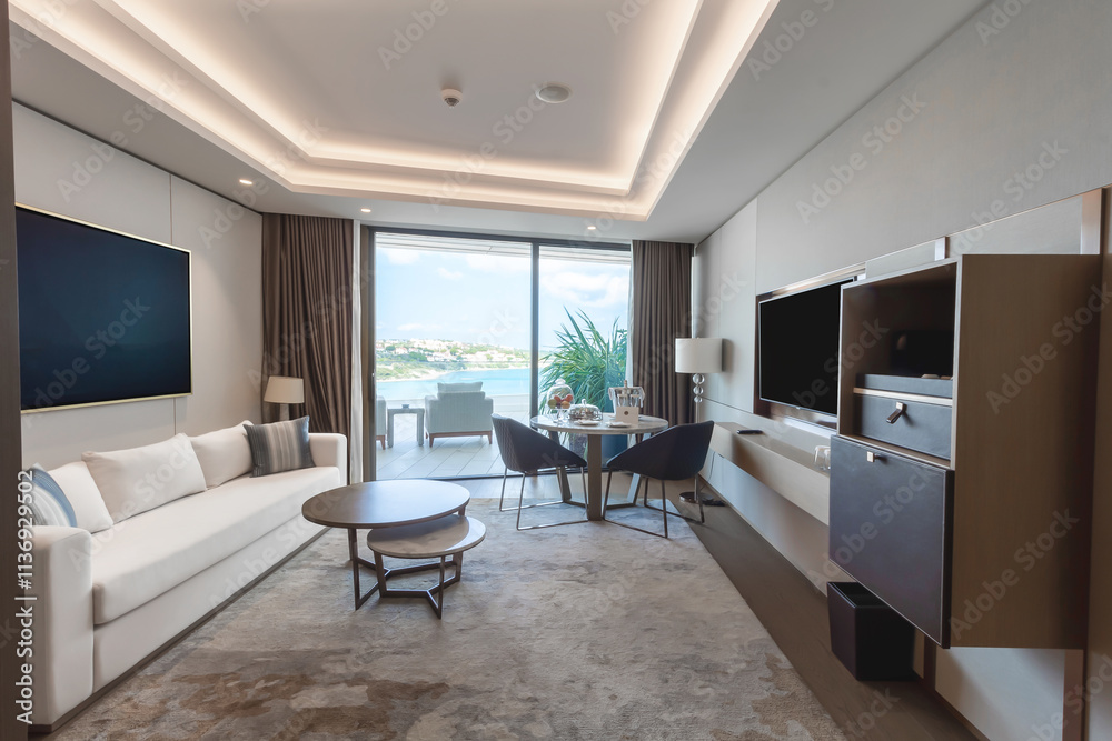 Fototapeta premium Modern hotel room with a bright and airy feel, a luxury hotel room. Example of a hotel room, modern furnishings and architecture.