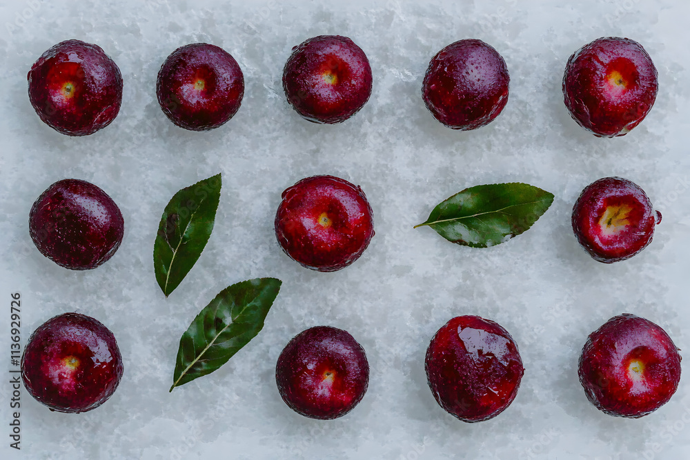 Juicy, dark red plums arranged on a textured surface with fresh green leaves. A vibrant, healthy food image. Juicy, dark red plums arranged on a textured surface with fresh green leaves. A vibrant, healthy food image.