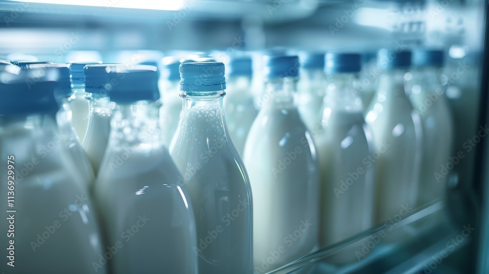 Hyperrealistic close up of fresh milk bottles on fridge door showcasing clarity and condensation