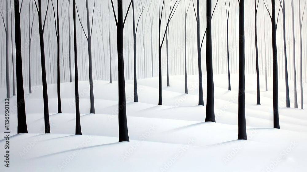 A snow-covered forest painting features trees in the foreground and a subtle dusting of snow on the ground A snow-covered forest painting features trees in the foreground and a subtle dusting of snow on the ground