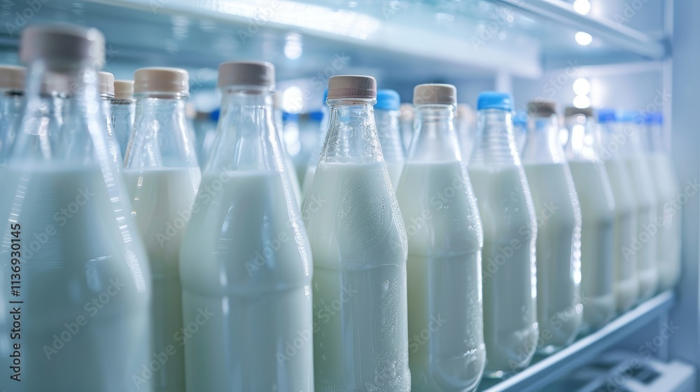 Hyperrealistic close up of fresh milk bottles on fridge door highlighting clarity and coolness Hyperrealistic close up of fresh milk bottles on fridge door highlighting clarity and coolness