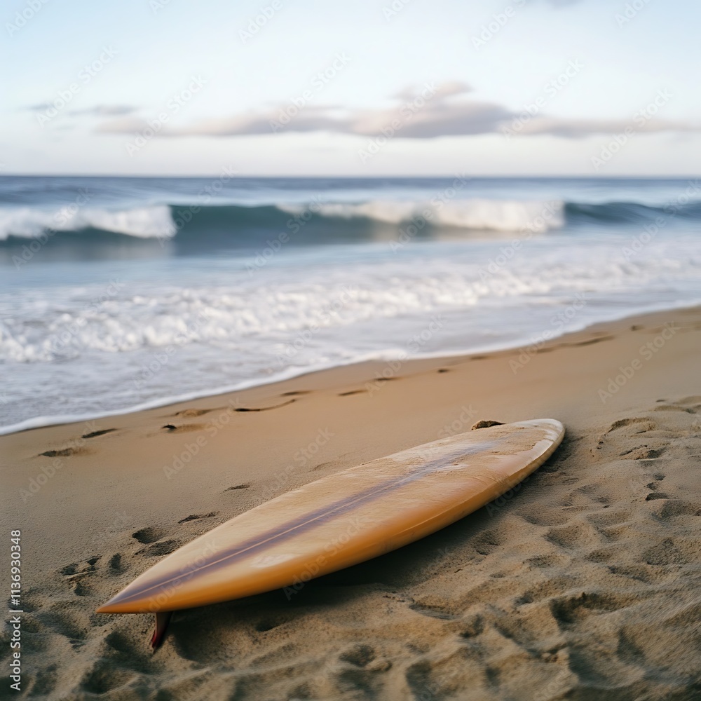 Surfboard lying on the beach with ocean waves in background Surfboard lying on the beach with ocean waves in background