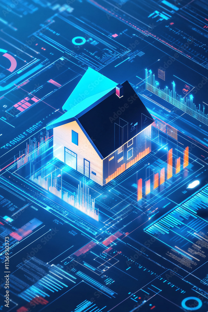 Fototapeta premium Illustration of a virtual house icon surrounded by data charts, representing real estate market trends and online analytics.