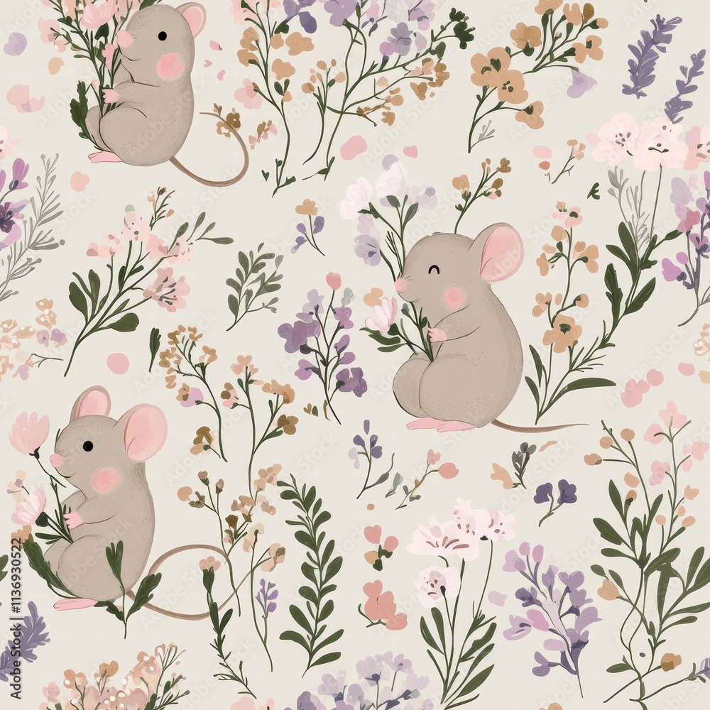 Fototapeta premium Charming little mice playfully interact with delicate flowers, creating a joyful and enchanting atmosphere filled with nature's colors. Generative AI