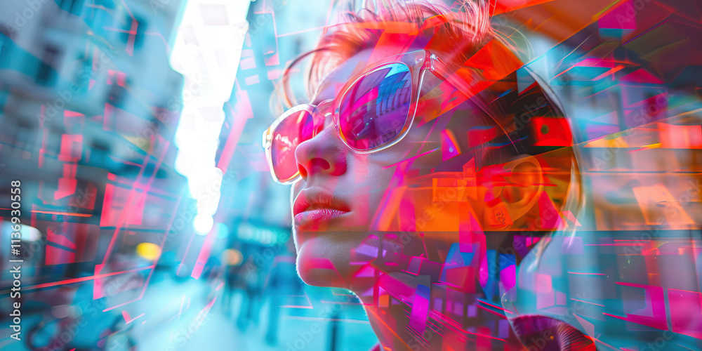 Double Exposure Portrait with Geometric Overlay and City Background Double Exposure Portrait with Geometric Overlay and City Background