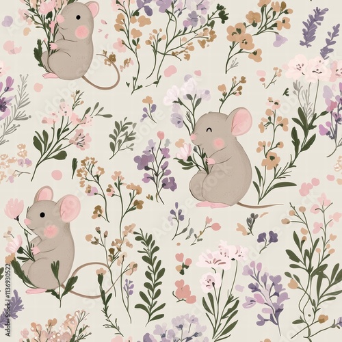 Charming little mice playfully interact with delicate flowers, creating a joyful and enchanting atmosphere filled with nature's colors. Generative AI