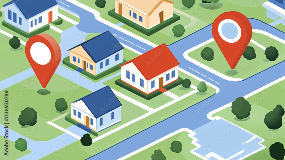 Fototapeta premium Illustration of a virtual neighborhood map icon, with interactive property listings and digital marketing elements for real estate platforms. 