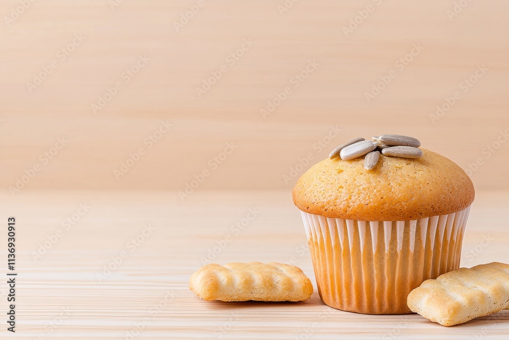 A detailed shot of a chocolate chip muffin cake set against a wooden backdrop. A detailed shot of a chocolate chip muffin cake set against a wooden backdrop.