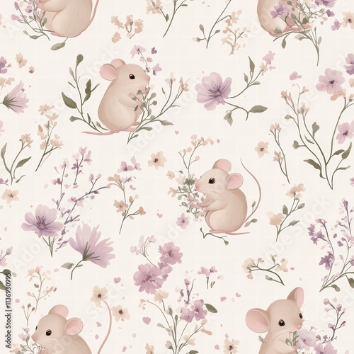 Charming tiny mice playfully interact with blooming flowers in a gentle and whimsical seamless pattern, evoking a sense of joy and tranquility. Generative AI