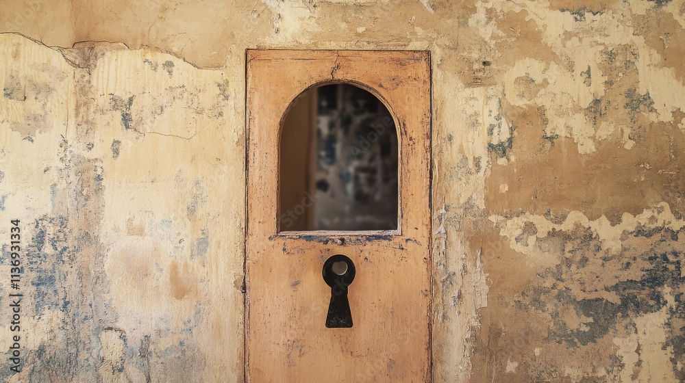 Real estate poster with a keyhole on a wall revealing an apartment behind it. Real estate poster with a keyhole on a wall revealing an apartment behind it.
