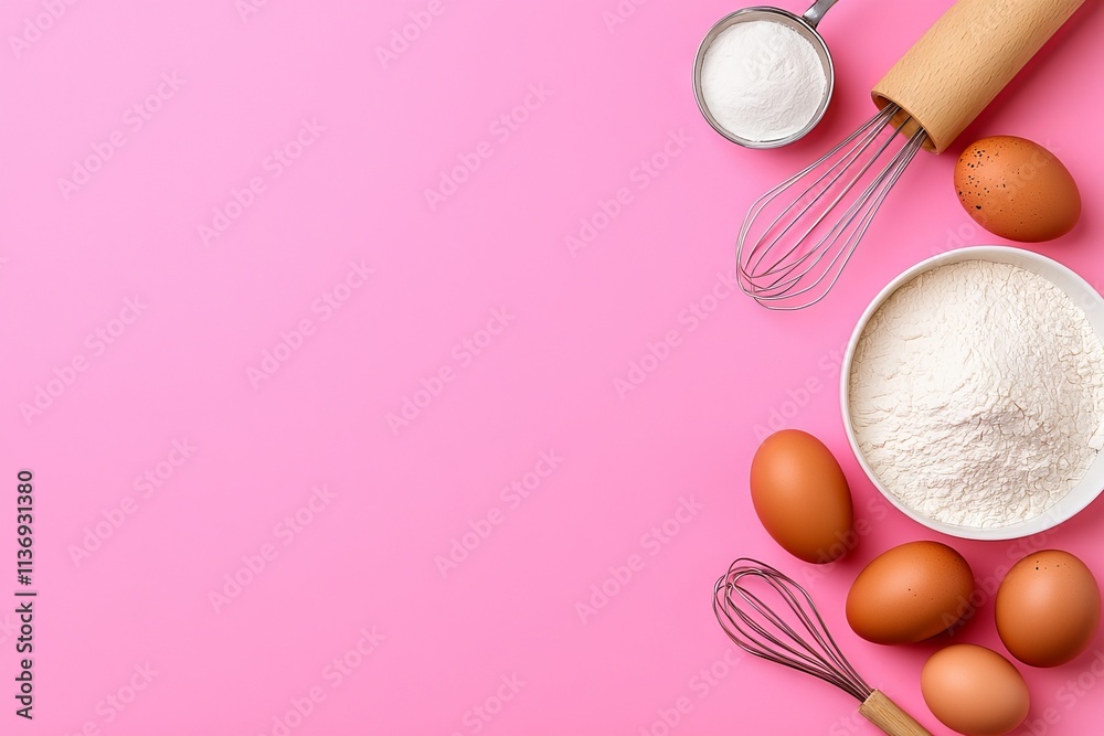 Mockup of baking ingredients arranged on a pink background, top view with space for text. Mockup of baking ingredients arranged on a pink background, top view with space for text.