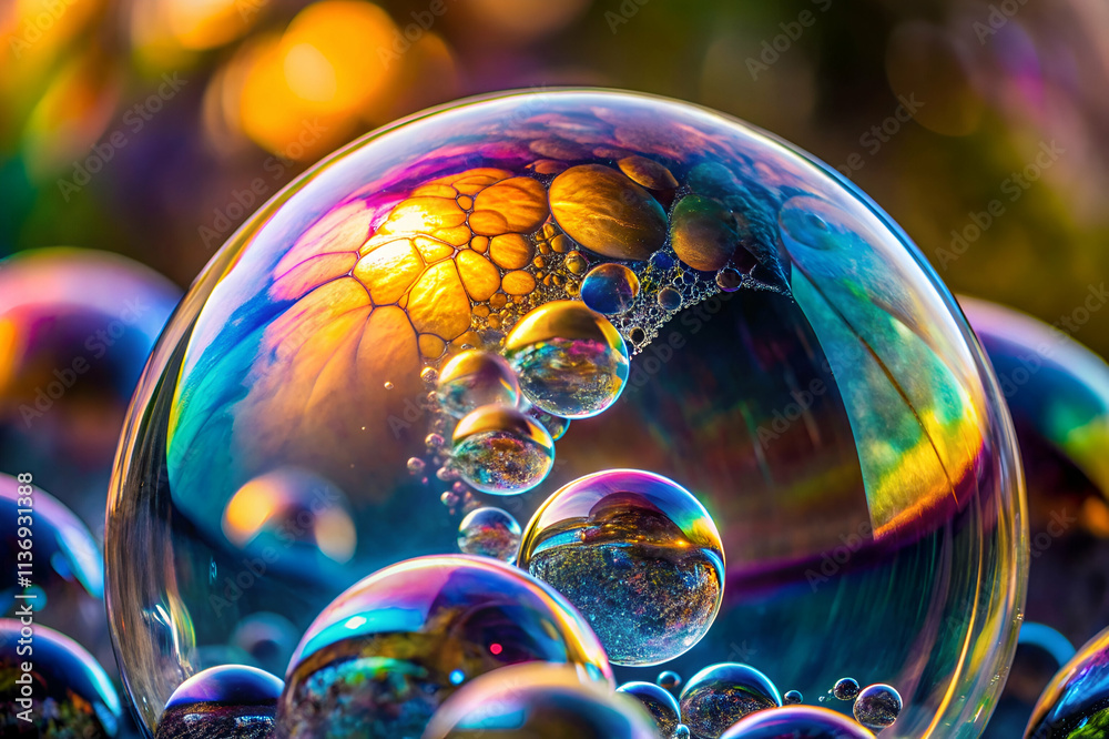 A vibrant close-up of soap bubbles displaying colorful reflections and intricate patterns, showcasing the beauty of light and texture.