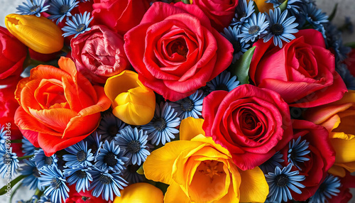 Close-up of colorful art flowers in bright abstract and impressionist arrangement. photo