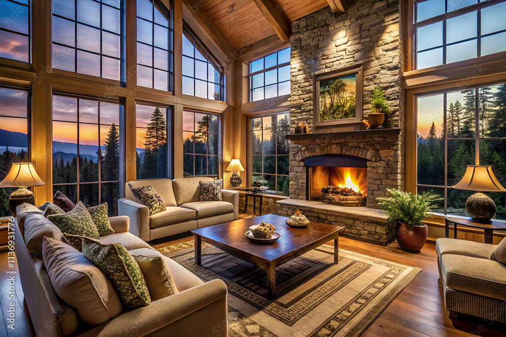 Cozy living room with large windows, a stone fireplace, and warm lighting, offering stunning sunset views and a welcoming atmosphere. Cozy living room with large windows, a stone fireplace, and warm lighting, offering stunning sunset views and a welcoming atmosphere.