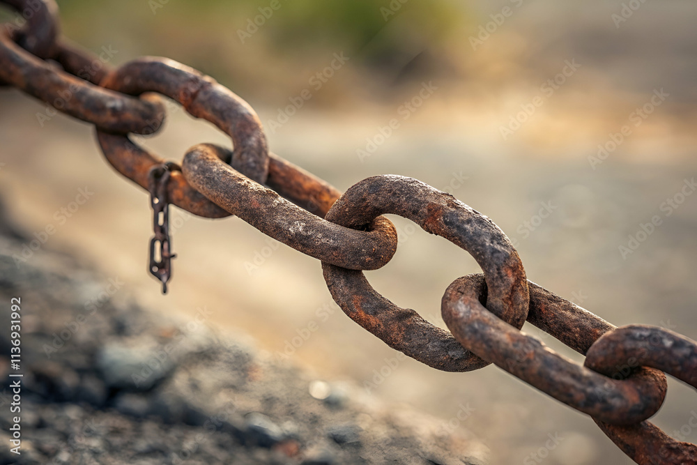 A close-up view of a rusty chain link, showcasing wear and age, set against a blurred background of gravel or earth. A close-up view of a rusty chain link, showcasing wear and age, set against a blurred background of gravel or earth.
