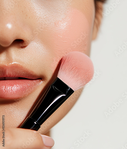 Young beautiful Asian woman applying pink blush on her skin with brush