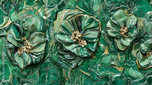 Stunning green malachite artwork featuring sculpted flowers with gold accents.  Perfect for luxury, nature, or artistic designs.