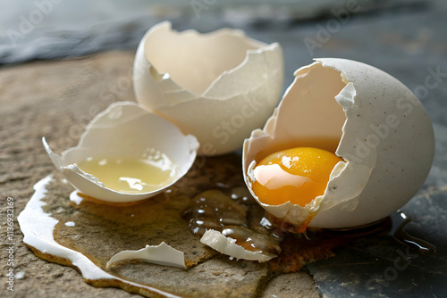 A close-up of broken eggshells with a bright yellow yolk and egg white spilling onto a surface, showcasing a raw and natural food element. photo