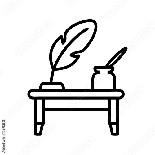 poet s desk icon, poet’s day line art, poets icon - simple black line art icon of poet s desk, symbolizing poets day celebrations. poet vector art.
