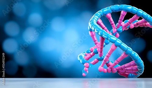 A close-up of a three-dimensional DNA strand made of purple balls, representing a genetic background with a texture pattern focused on genetic research. photo