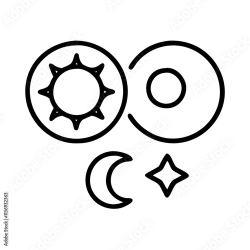 sun and moon symbolic imagery icon, poet’s day line art, poets icon - simple black line art icon of sun and moon symbolic imagery, symbolizing poets day celebrations. poet vector art.