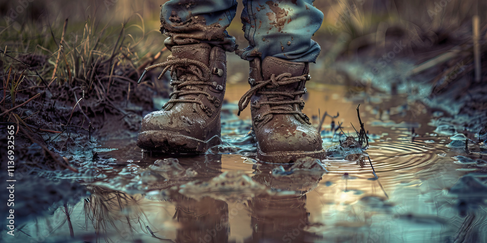 Fototapeta premium Muddy Boots in Puddle
