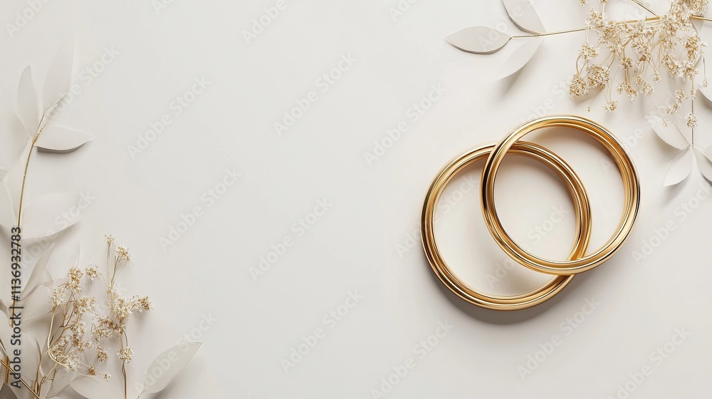Two wedding rings placed on a wedding card against a white background. Two wedding rings placed on a wedding card against a white background.