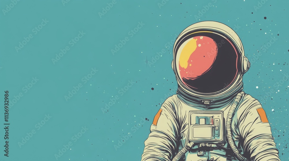 Stylized retro astronaut with a reflective helmet against a blue backdrop, nostalgic for space exploration Stylized retro astronaut with a reflective helmet against a blue backdrop, nostalgic for space exploration