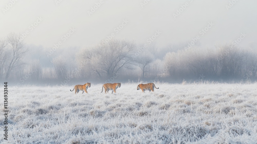 Naklejka premium Three Siberian tigers walking in a frosty, snowy field at Hengdaohezi Park, China, during winter.