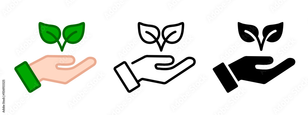 Hand holding plant icon. Leaves in hand pictogram. Ecology care symbol. Tree growth sign. Eco concept illustration.