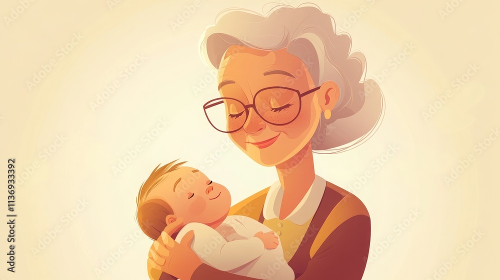 Vector cartoon of a loving grandma holding a newborn grandchild, illustrating care and affection. Vector cartoon of a loving grandma holding a newborn grandchild, illustrating care and affection.