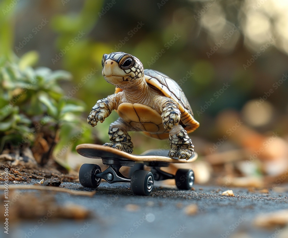 A tortoise skillfully maneuvers on a skateboard, showcasing balance and agility among scattered leaves and greenery in an outdoor setting A tortoise skillfully maneuvers on a skateboard, showcasing balance and agility among scattered leaves and greenery in an outdoor setting