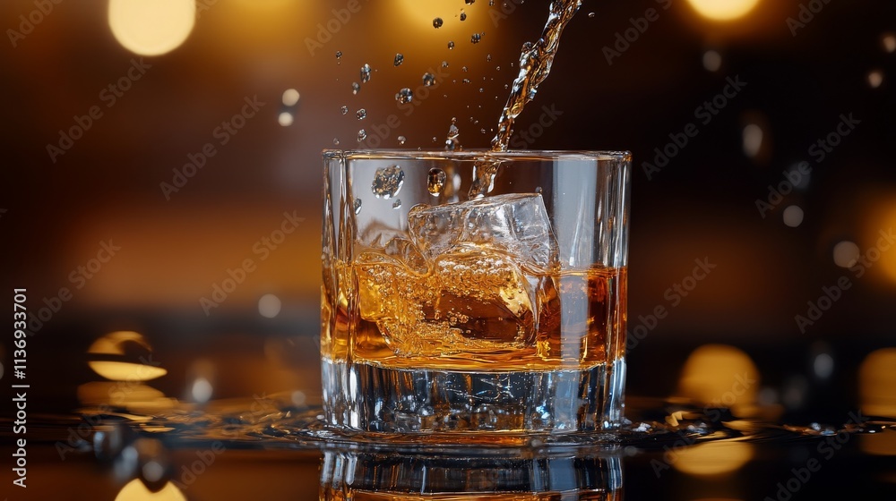 Water pours into a clear glass on a reflective surface Water pours into a clear glass on a reflective surface