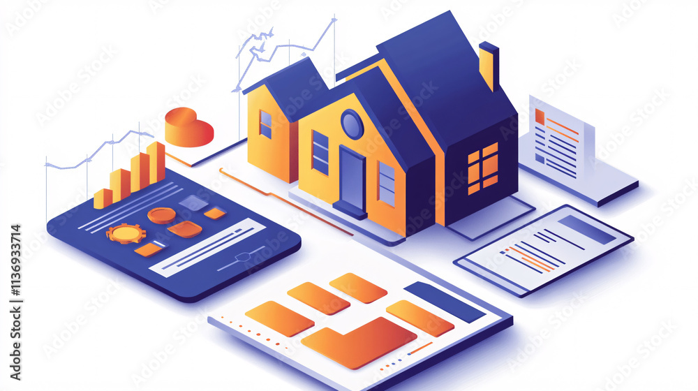 Virtual real estate investment icon with graphs and financial data, showcasing property portfolios and market growth analytics. Virtual real estate investment icon with graphs and financial data, showcasing property portfolios and market growth analytics.
