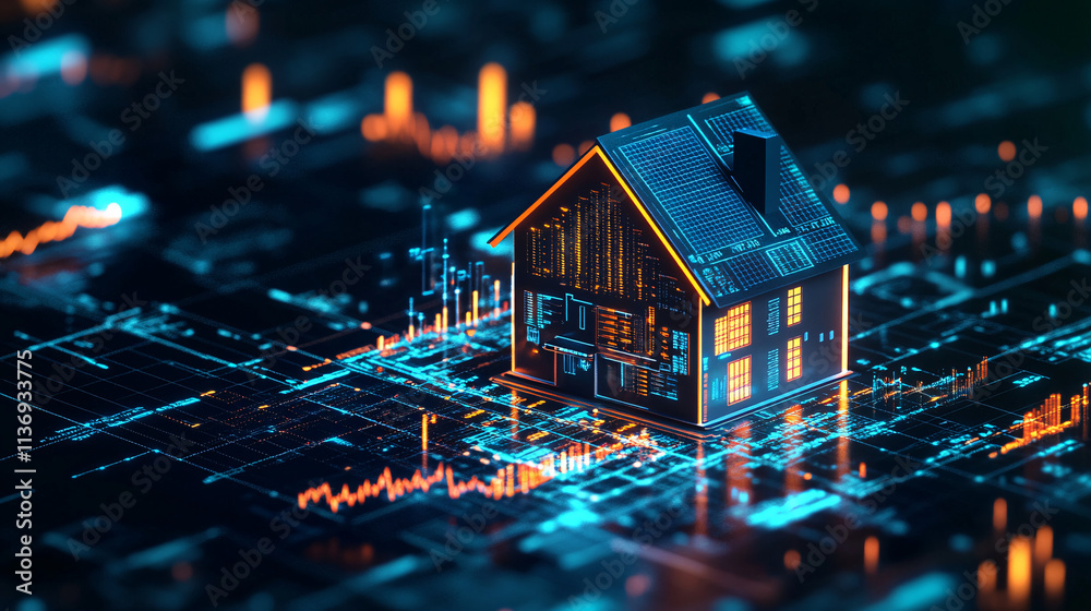 Virtual real estate investment icon with graphs and financial data, showcasing property portfolios and market growth analytics. Virtual real estate investment icon with graphs and financial data, showcasing property portfolios and market growth analytics.