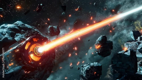 Spaceship destroying asteroids with laser beam